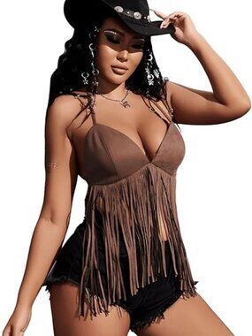 Sexy Cowgirl Halter Top Suede Fringe Size LARGE Chocolate Brown